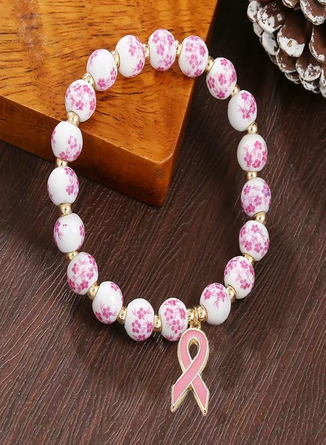 GLMOCM Breast Cancer Bracelets Pink Ribbon Charm Bracelets Flower Beaded Stretch Bracelets Cancer Awareness Accessories Care Gift (Pink) - Image 4